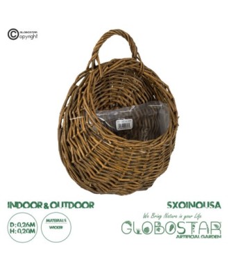GloboStar® Artificial Garden SXOINOUSA 20475 Επιτοίχιο Ρατάν Πλεκτό Κασπώ Γλάστρα - Flower Pot Καφέ Φ26cm x Υ20cm